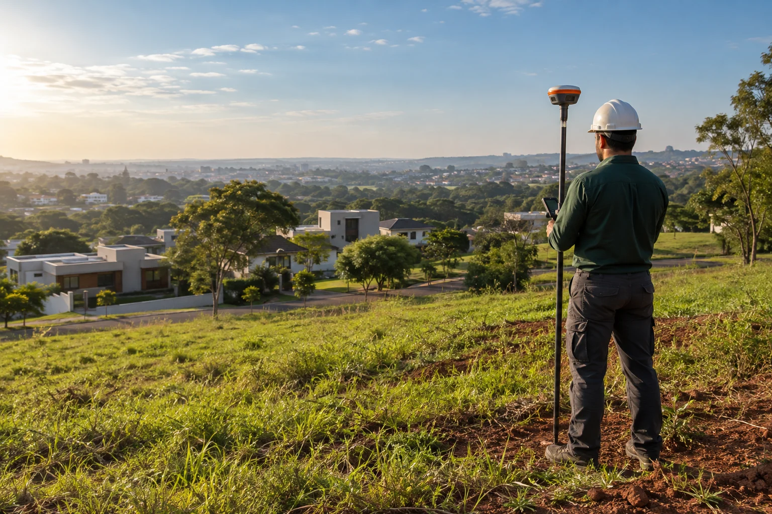 Imagem ilustrativa de um profissional realizando medição topográfica em terreno residencial